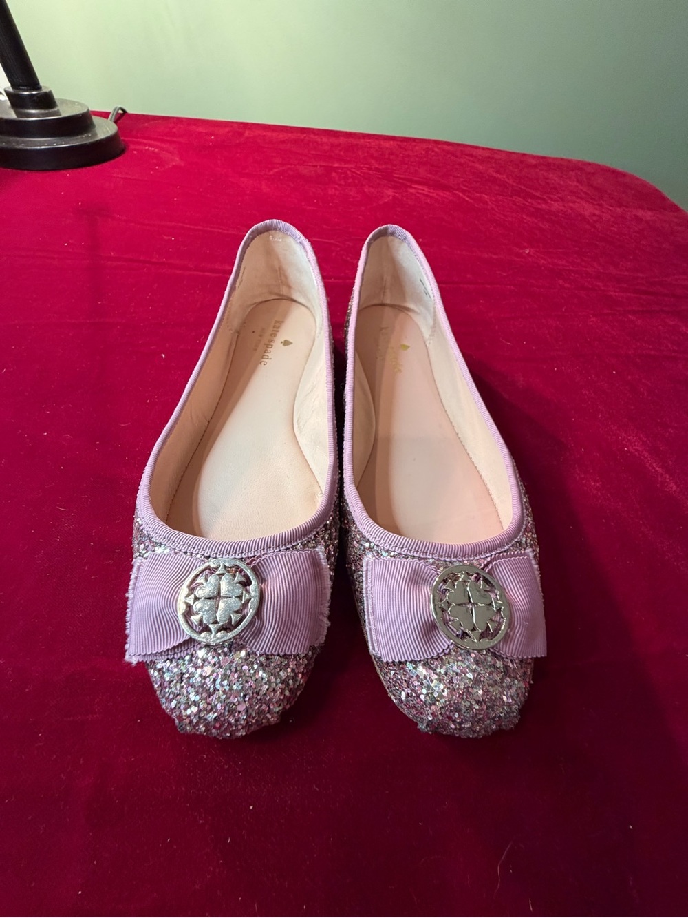 kate spade Pink Glitter Bow Flats with Metallic Emblem
